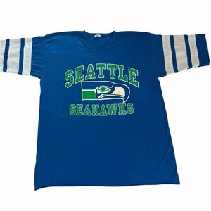 VINTAGE Seattle Seahawks Jersey Tee – Royal Blue with Striped Sleeves